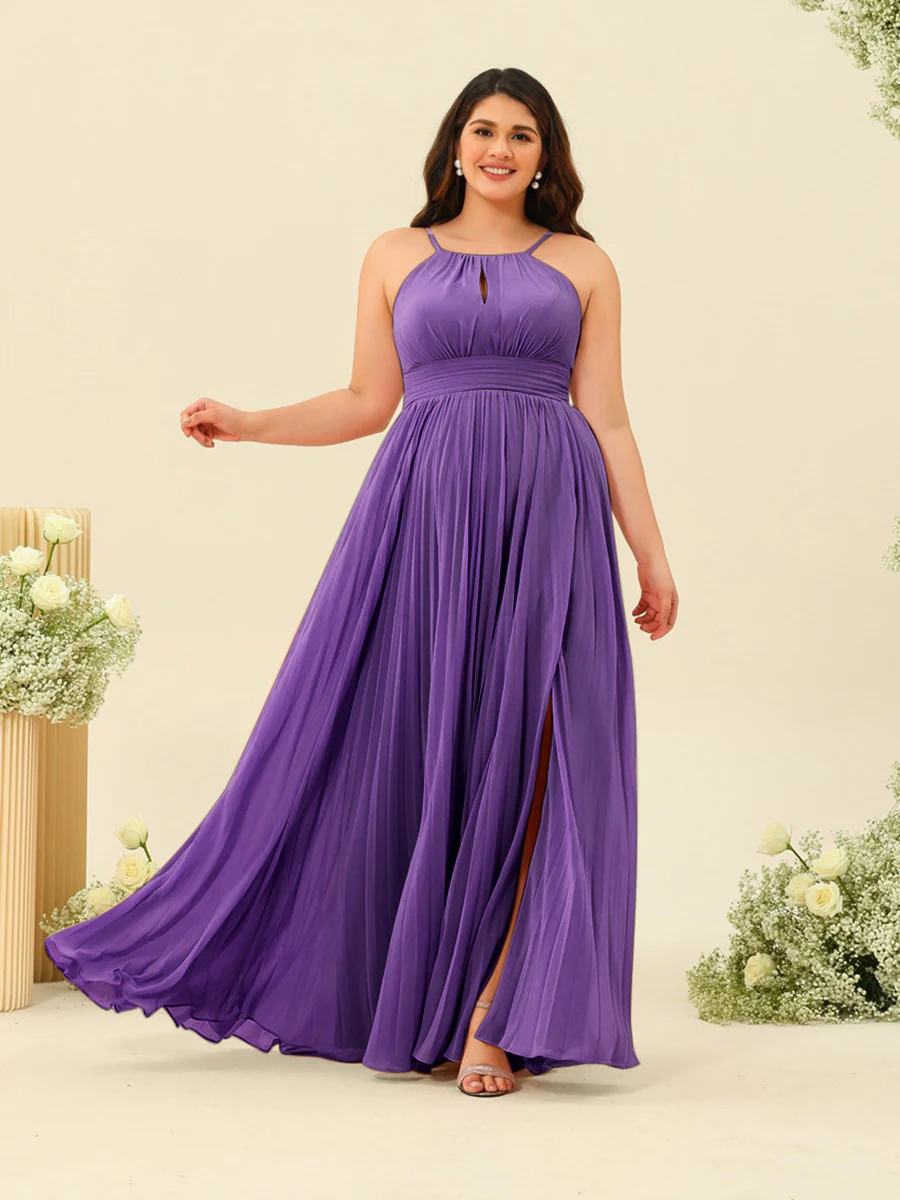A-Line/Princess Halter Plus Size Long Bridesmaid Dresses with Split Side & Ruffles - Image 55
