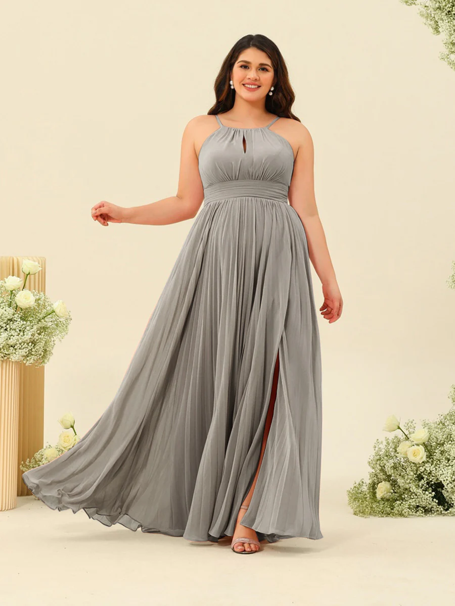 A-Line/Princess Halter Plus Size Long Bridesmaid Dresses with Split Side & Ruffles - Image 67