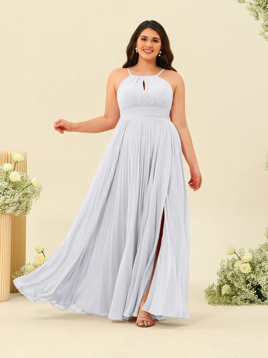 A-Line/Princess Halter Plus Size Long Bridesmaid Dresses with Split Side & Ruffles - Image 70