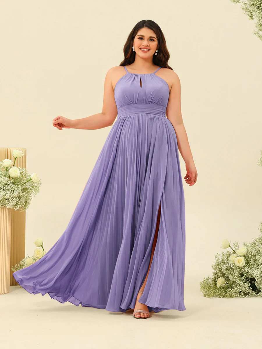 A-Line/Princess Halter Plus Size Long Bridesmaid Dresses with Split Side & Ruffles - Image 72