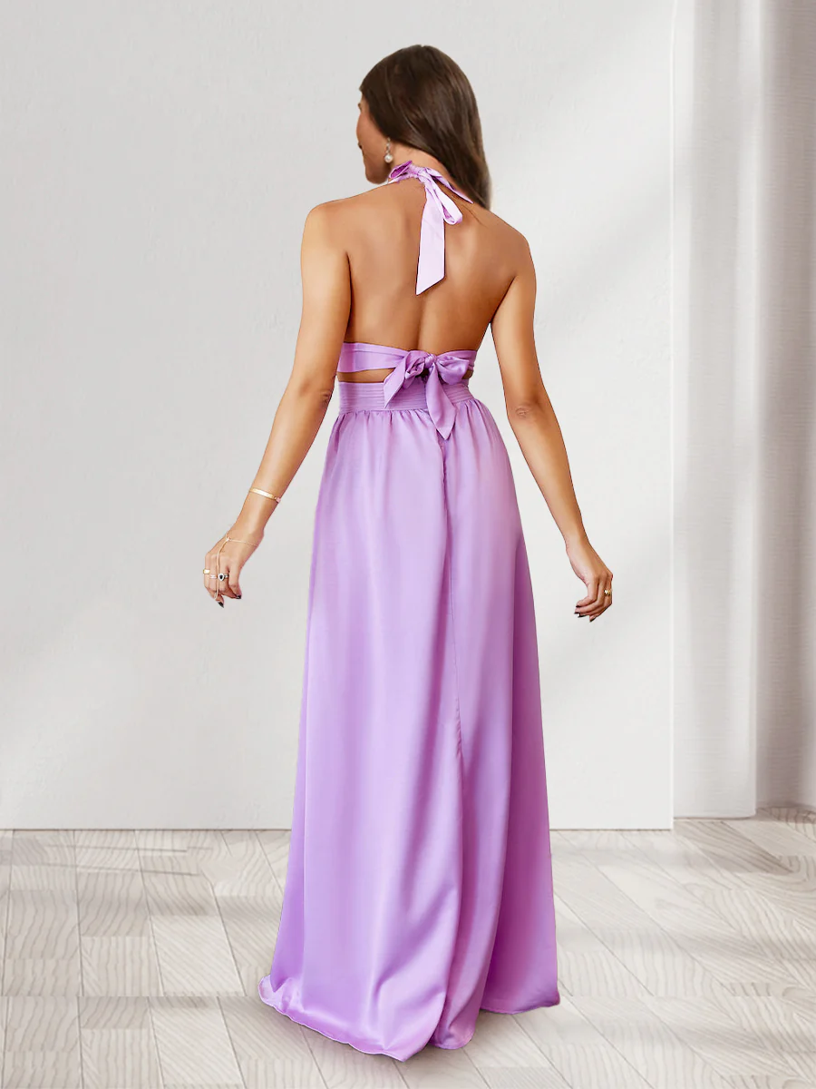A-Line/Princess Halter Side Cuts Long Wedding Guest Dresses with Slit - Image 2