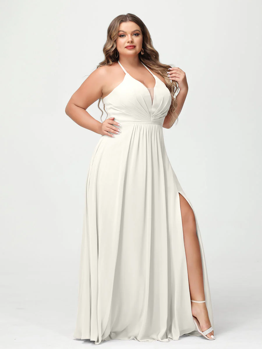 A-Line/Princess Halter Sleeveless Chiffon Ruched Split Side Plus Size Bridesmaid Dresses with Pockets - Image 20