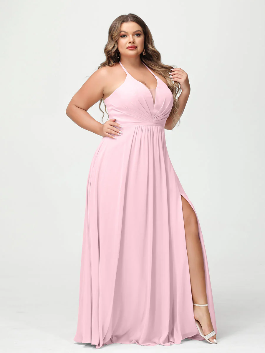 A-Line/Princess Halter Sleeveless Chiffon Ruched Split Side Plus Size Bridesmaid Dresses with Pockets - Image 24