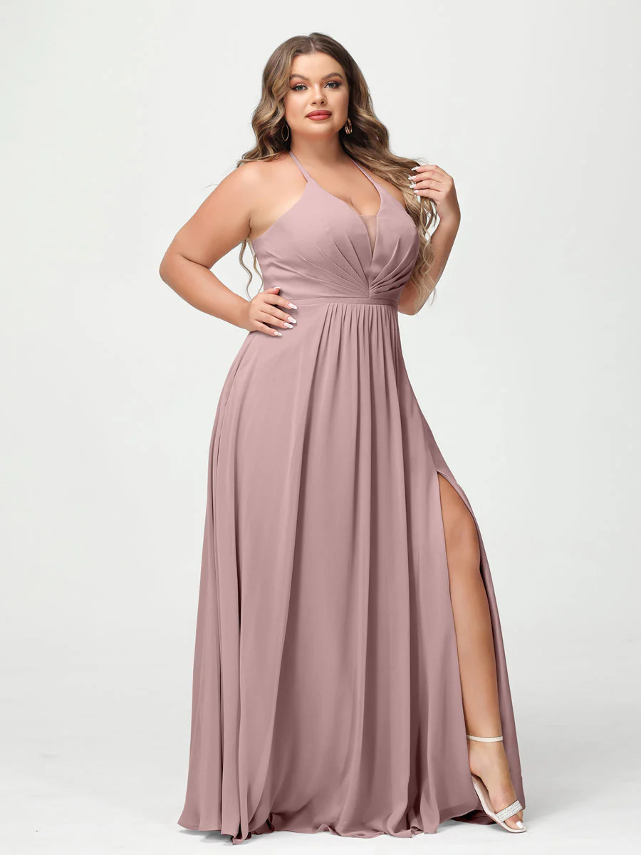 A-Line/Princess Halter Sleeveless Chiffon Ruched Split Side Plus Size Bridesmaid Dresses with Pockets - Image 29
