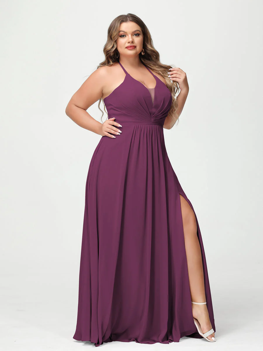 A-Line/Princess Halter Sleeveless Chiffon Ruched Split Side Plus Size Bridesmaid Dresses with Pockets - Image 43