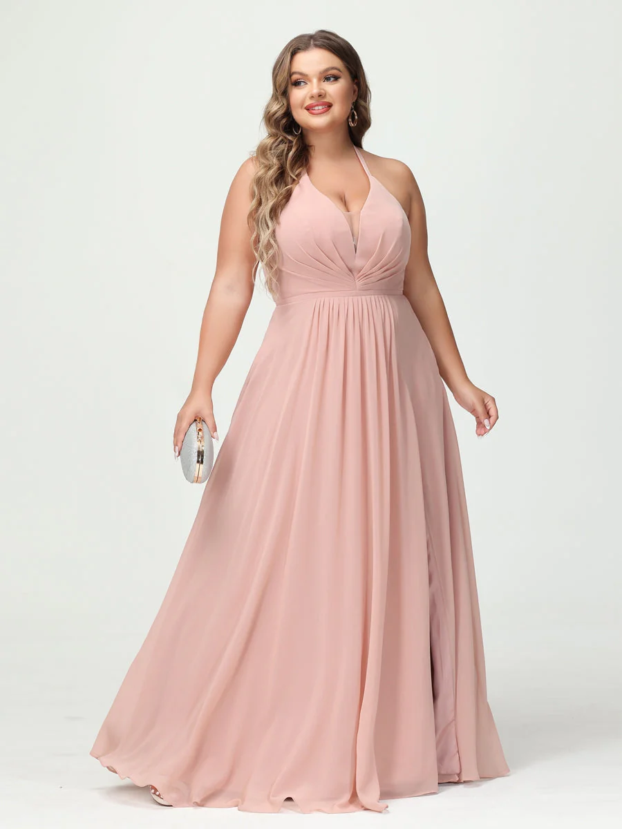 A-Line/Princess Halter Sleeveless Chiffon Ruched Split Side Plus Size Bridesmaid Dresses with Pockets - Image 5