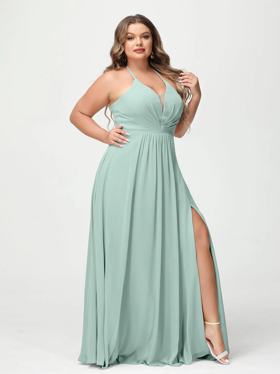 A-Line/Princess Halter Sleeveless Chiffon Ruched Split Side Plus Size Bridesmaid Dresses with Pockets - Image 59