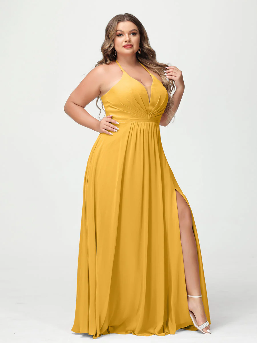 A-Line/Princess Halter Sleeveless Chiffon Ruched Split Side Plus Size Bridesmaid Dresses with Pockets - Image 69