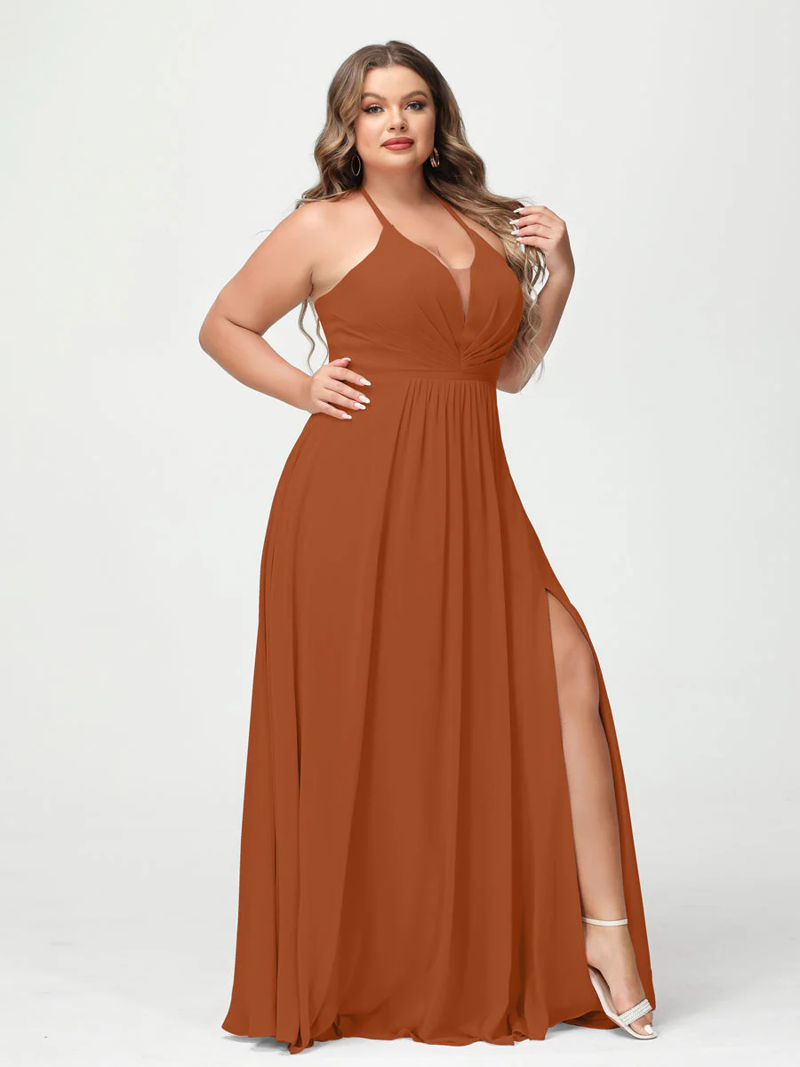 A-Line/Princess Halter Sleeveless Chiffon Ruched Split Side Plus Size Bridesmaid Dresses with Pockets - Image 8