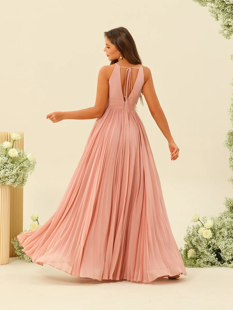 A-Line/Princess Halter Sleeveless Long Bridesmaid Dresses with Split Side & Ruffles - Image 2