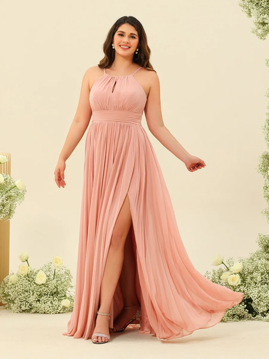 A-Line/Princess Halter Sleeveless Long Bridesmaid Dresses with Split Side & Ruffles - Image 4