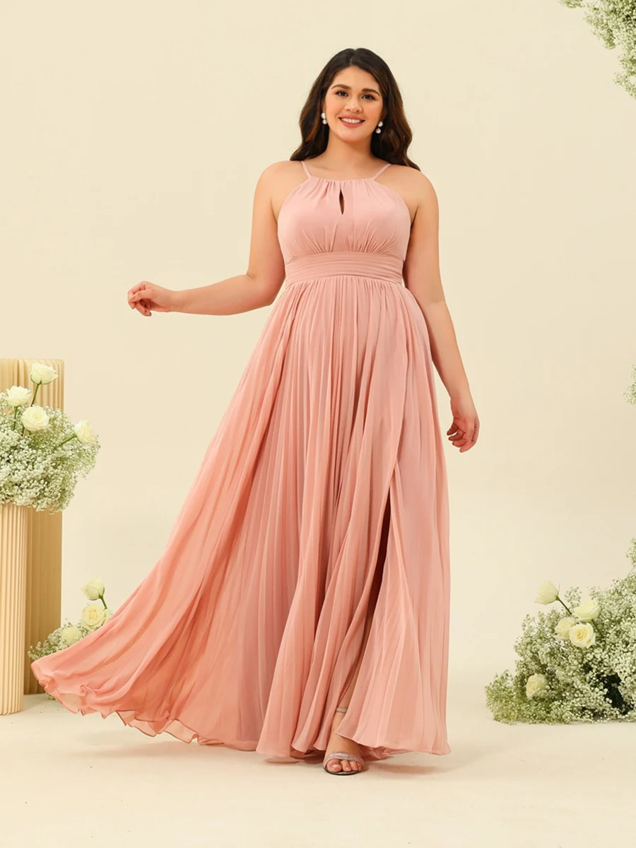 A-Line/Princess Halter Sleeveless Long Bridesmaid Dresses with Split Side & Ruffles - Image 5