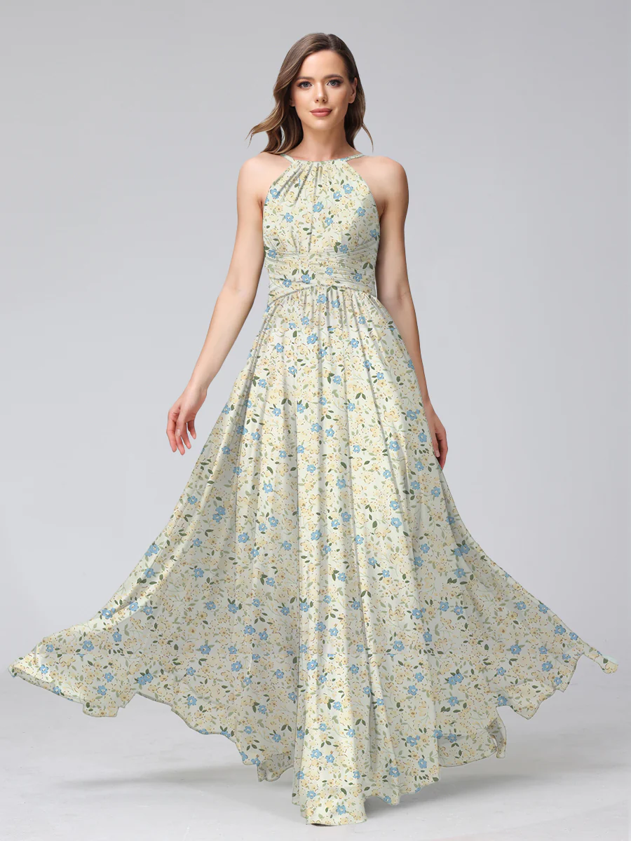 A-Line/Princess Halter Sleeveless Ruched Floral Bridesmaid Dresses - Image 5
