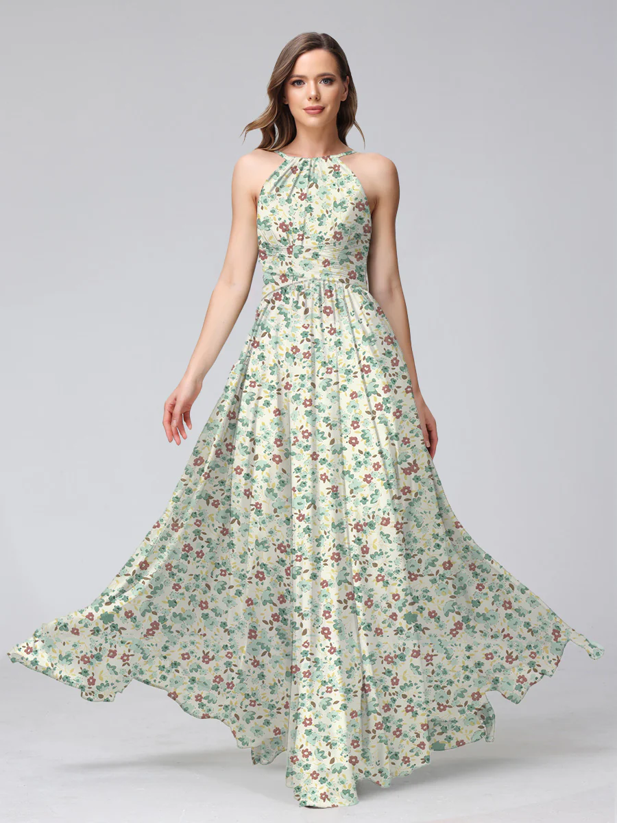 A-Line/Princess Halter Sleeveless Ruched Floral Bridesmaid Dresses - Image 7