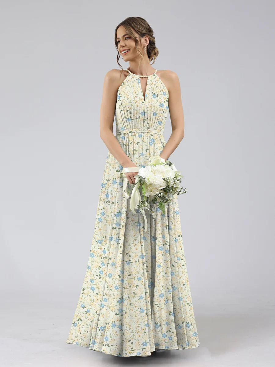 A-Line/Princess Halter Sleeveless Ruched Floral Bridesmaid Dresses - Image 4