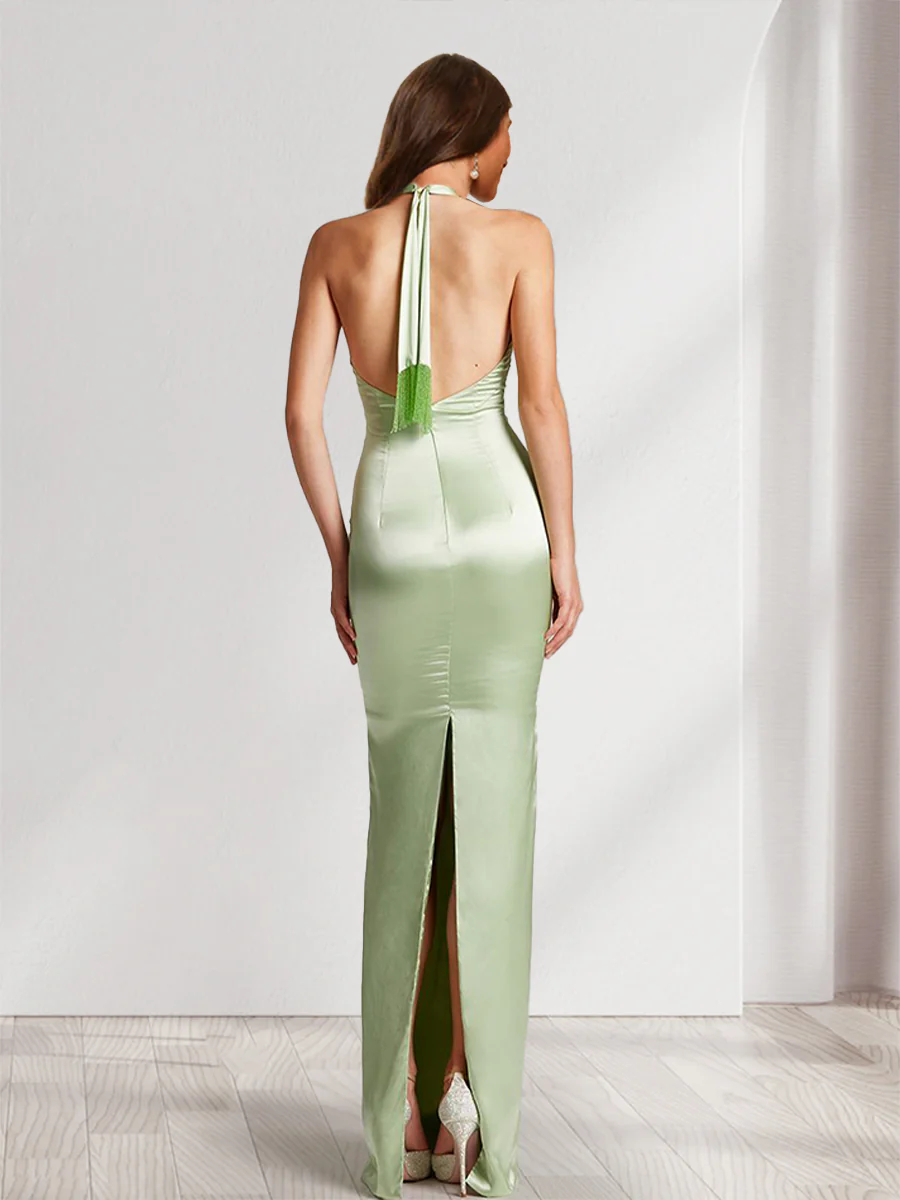 A-Line/Princess Halter Sleeveless Split Side Bridesmaid Dresses - Image 2