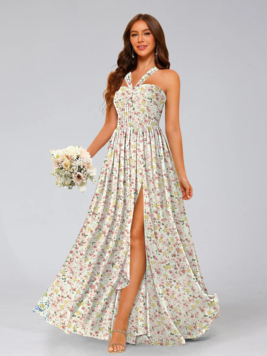 A-Line/Princess Halter Sleeveless Split Side Floral Bridesmaid Dresses - Image 3