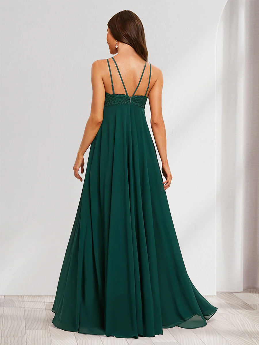 A-Line/Princess Halter Straps Sleeveless Long Baby Shower Bridesmaid Dresses with Lace Appliques - Image 2