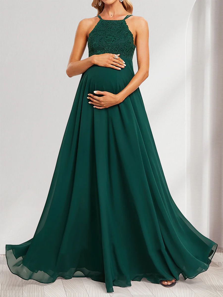 A-Line/Princess Halter Straps Sleeveless Long Baby Shower Bridesmaid Dresses with Lace Appliques - Image 4