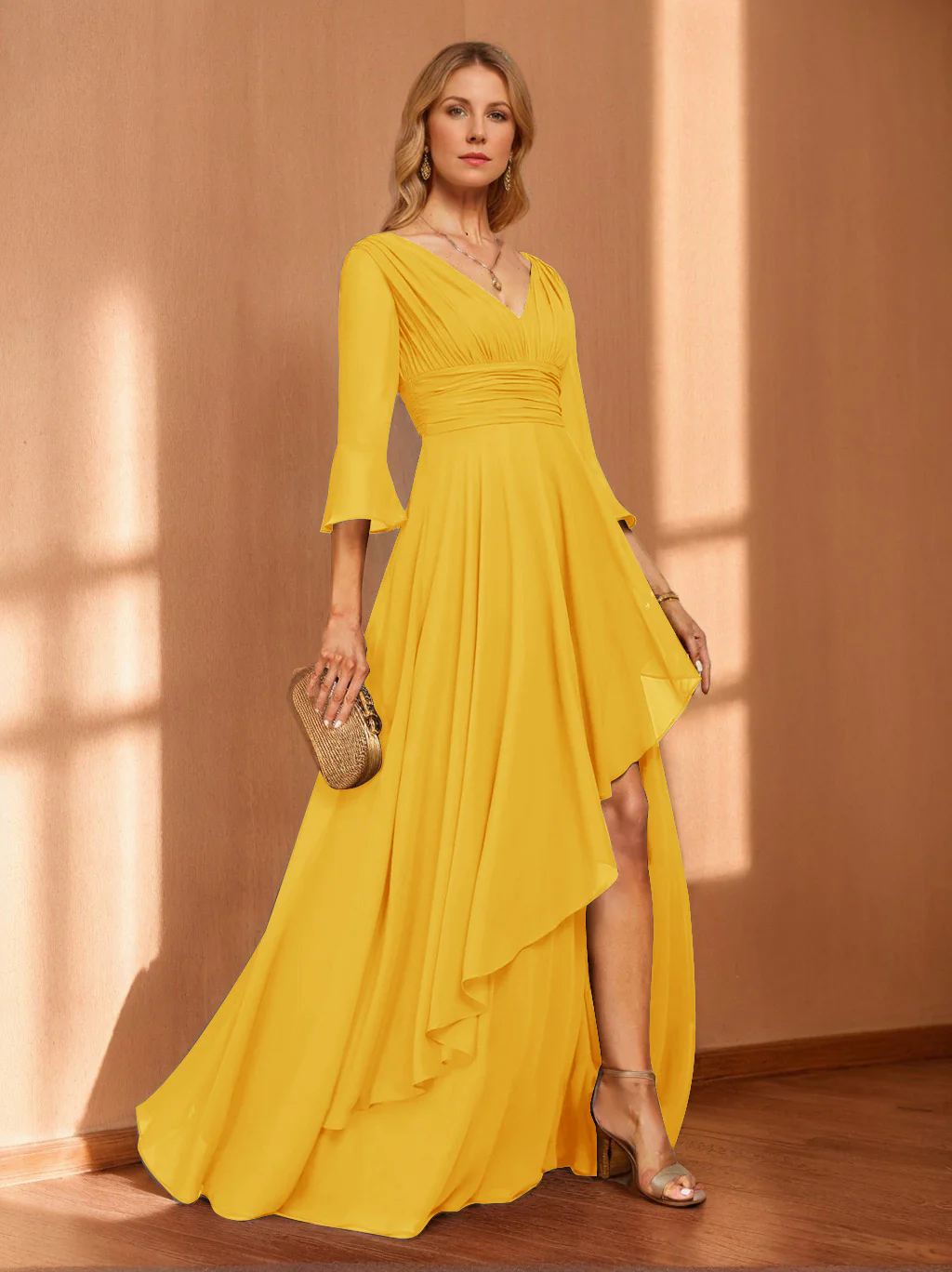 A-Line/Princess Hi-Low V-Neck 3/4 Sleeves Chiffon Mother of the Bride Dresses - Image 22