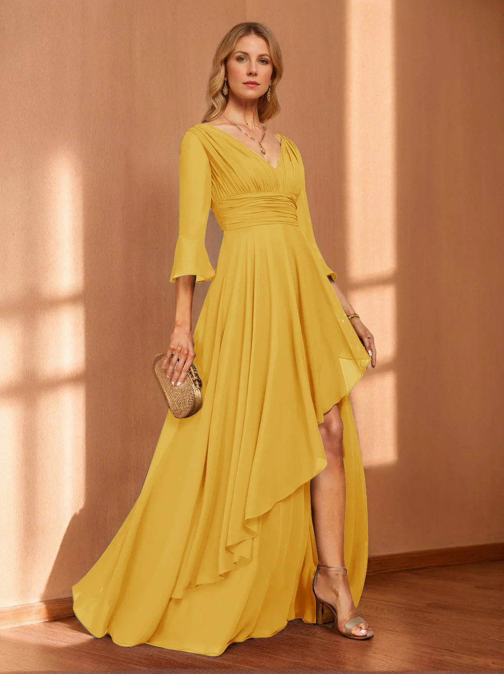 A-Line/Princess Hi-Low V-Neck 3/4 Sleeves Chiffon Mother of the Bride Dresses - Image 41