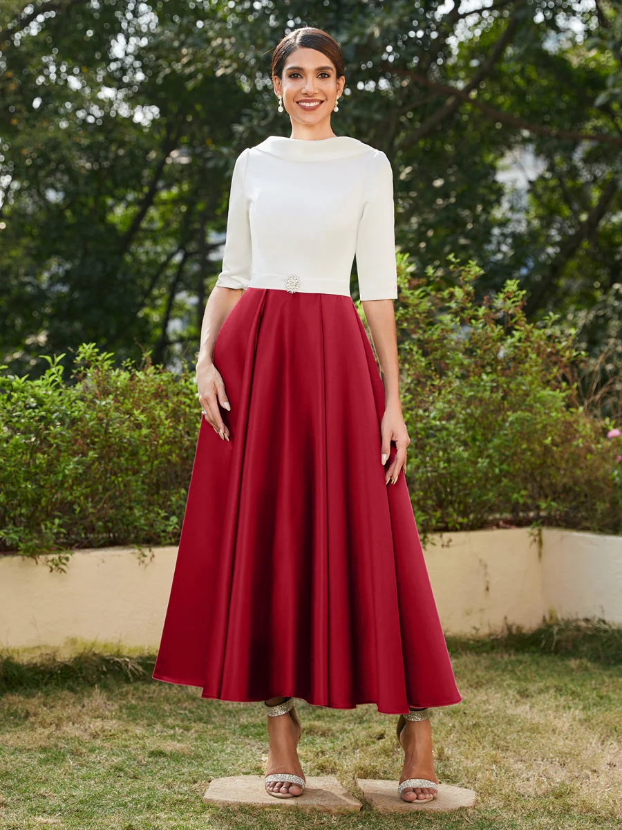 A-Line/Princess High Neck Half Sleeves Long Evening Dresses with Rhinestones - Image 37