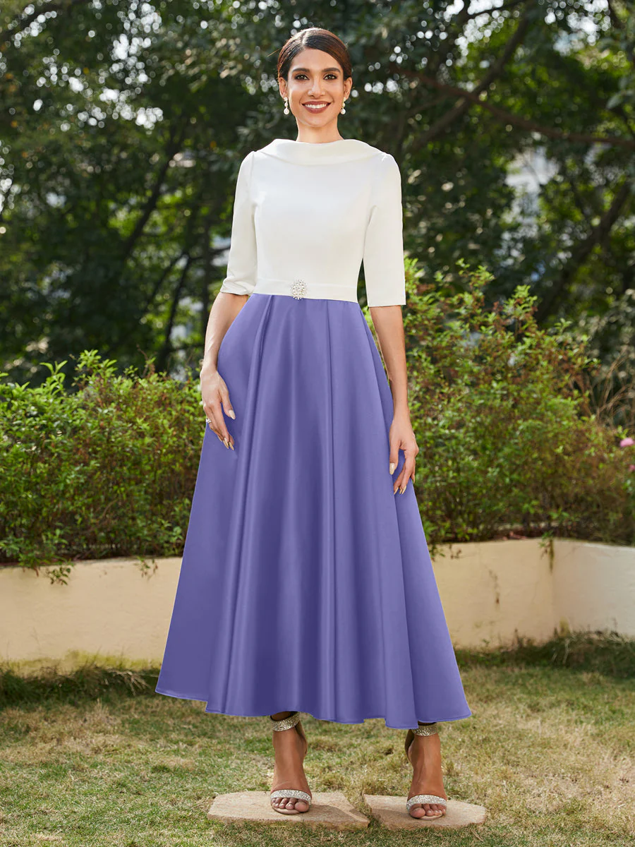 A-Line/Princess High Neck Half Sleeves Long Evening Dresses with Rhinestones - Image 41