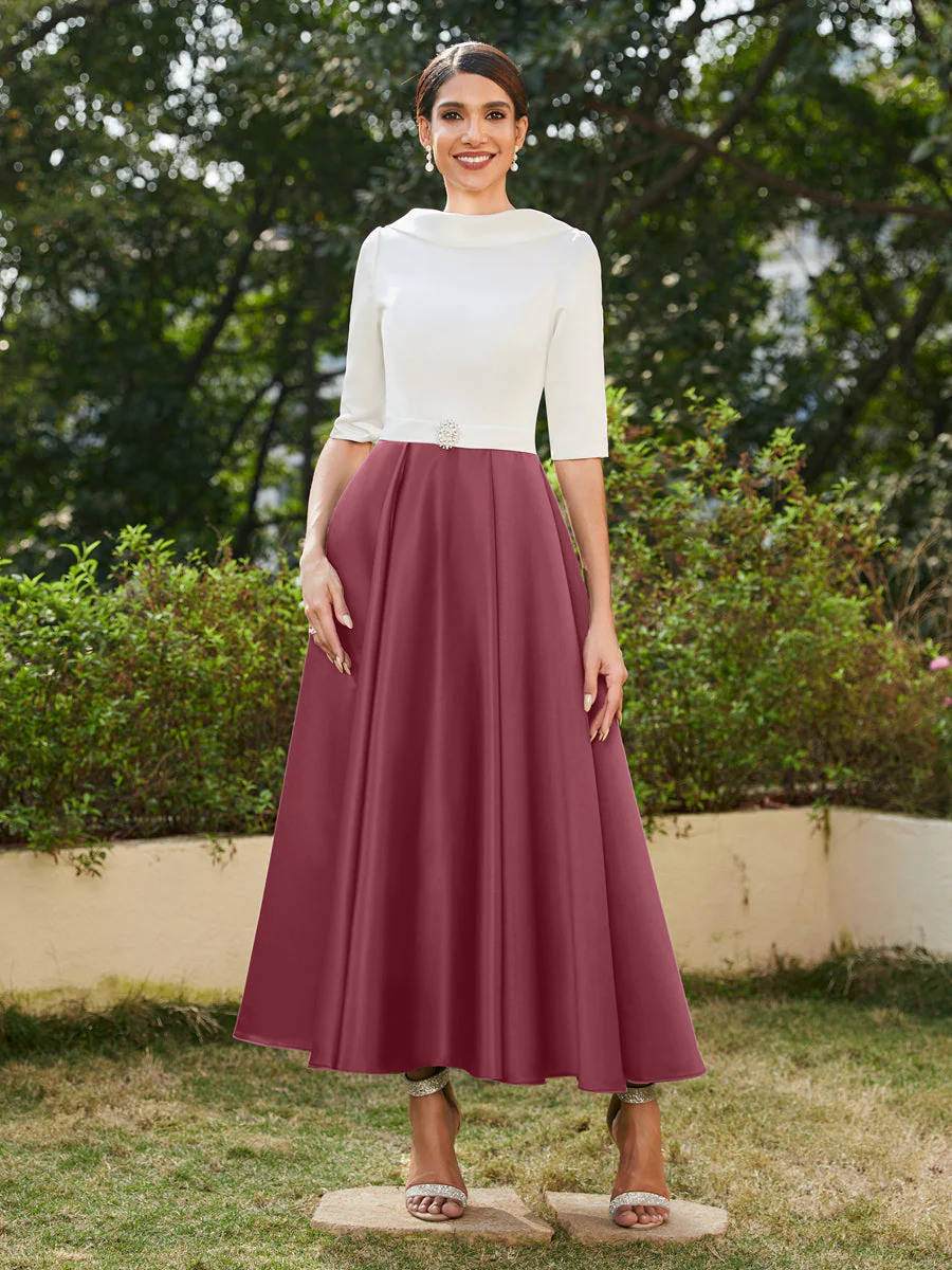 A-Line/Princess High Neck Half Sleeves Long Evening Dresses with Rhinestones - Image 43