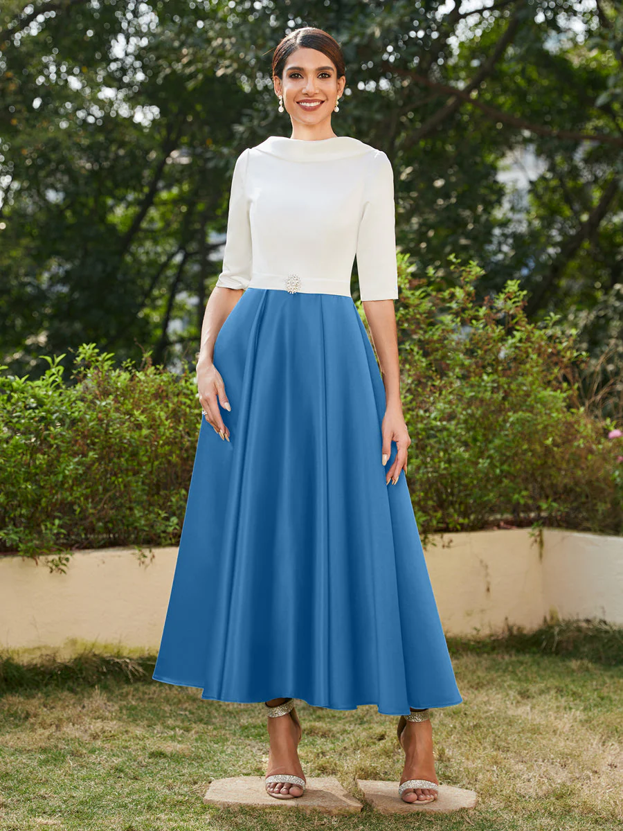 A-Line/Princess High Neck Half Sleeves Long Evening Dresses with Rhinestones - Image 54
