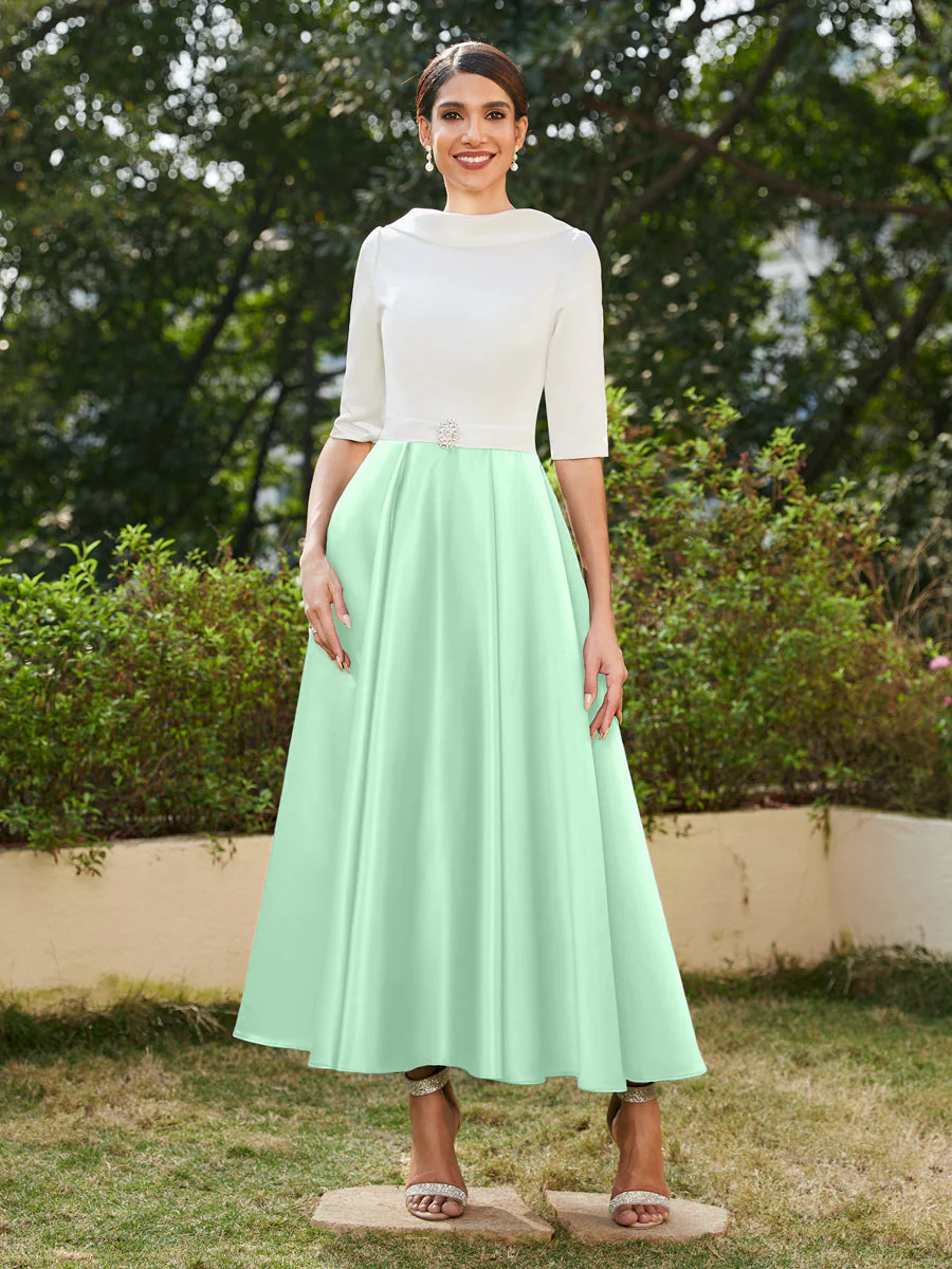 A-Line/Princess High Neck Half Sleeves Long Evening Dresses with Rhinestones - Image 59