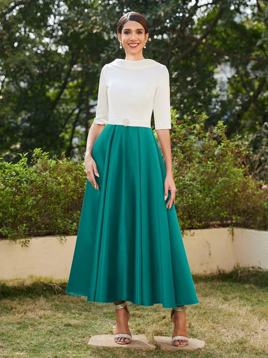 A-Line/Princess High Neck Half Sleeves Long Evening Dresses with Rhinestones - Image 65