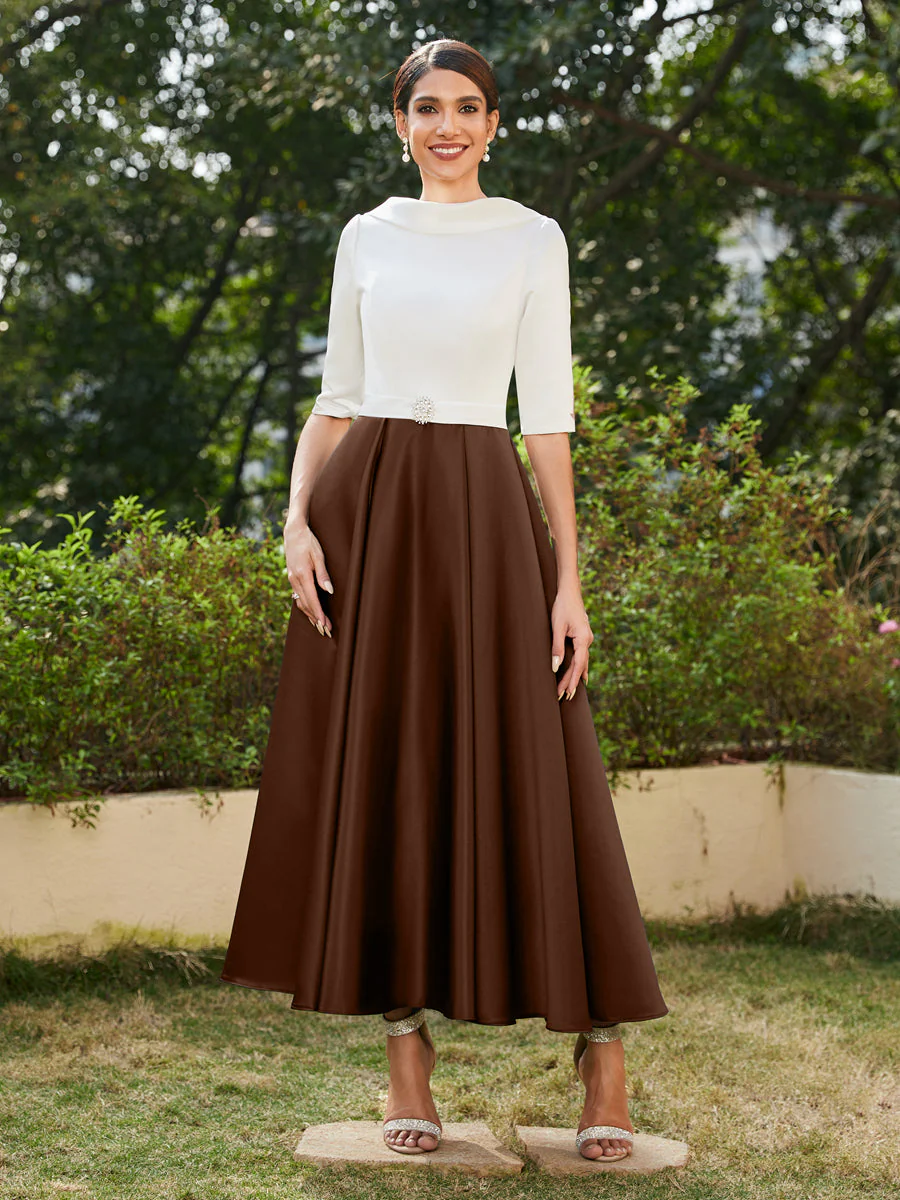 A-Line/Princess High Neck Half Sleeves Long Evening Dresses with Rhinestones - Image 75