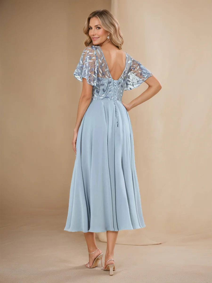 A-Line/Princess Illusion Crew Neck Sequin Appliques Wedding Guest Dresses - Image 2