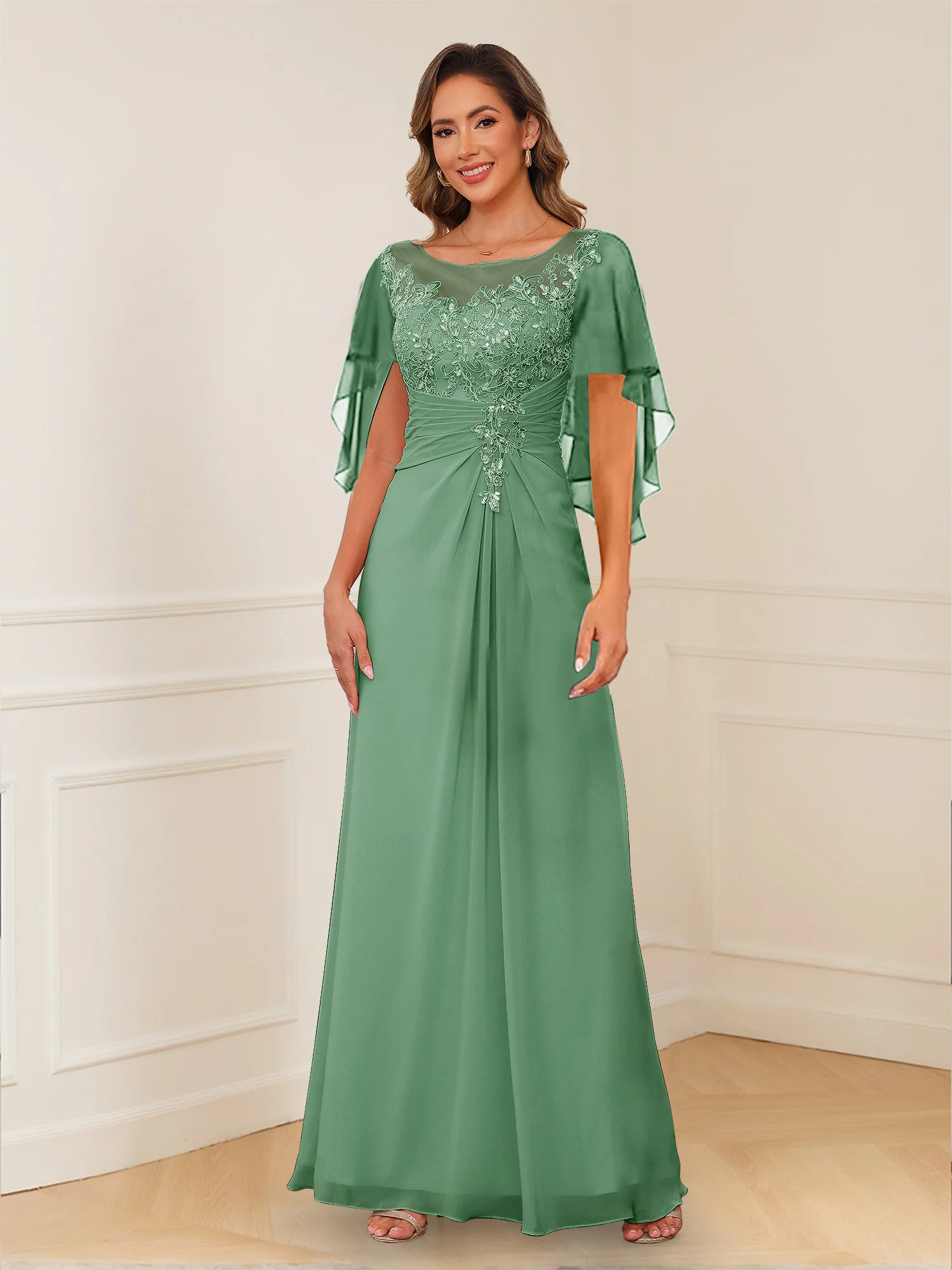 A-Line/Princess Illusion Scoop Appliques Ruched Mother of the Bride Dresses - Image 55