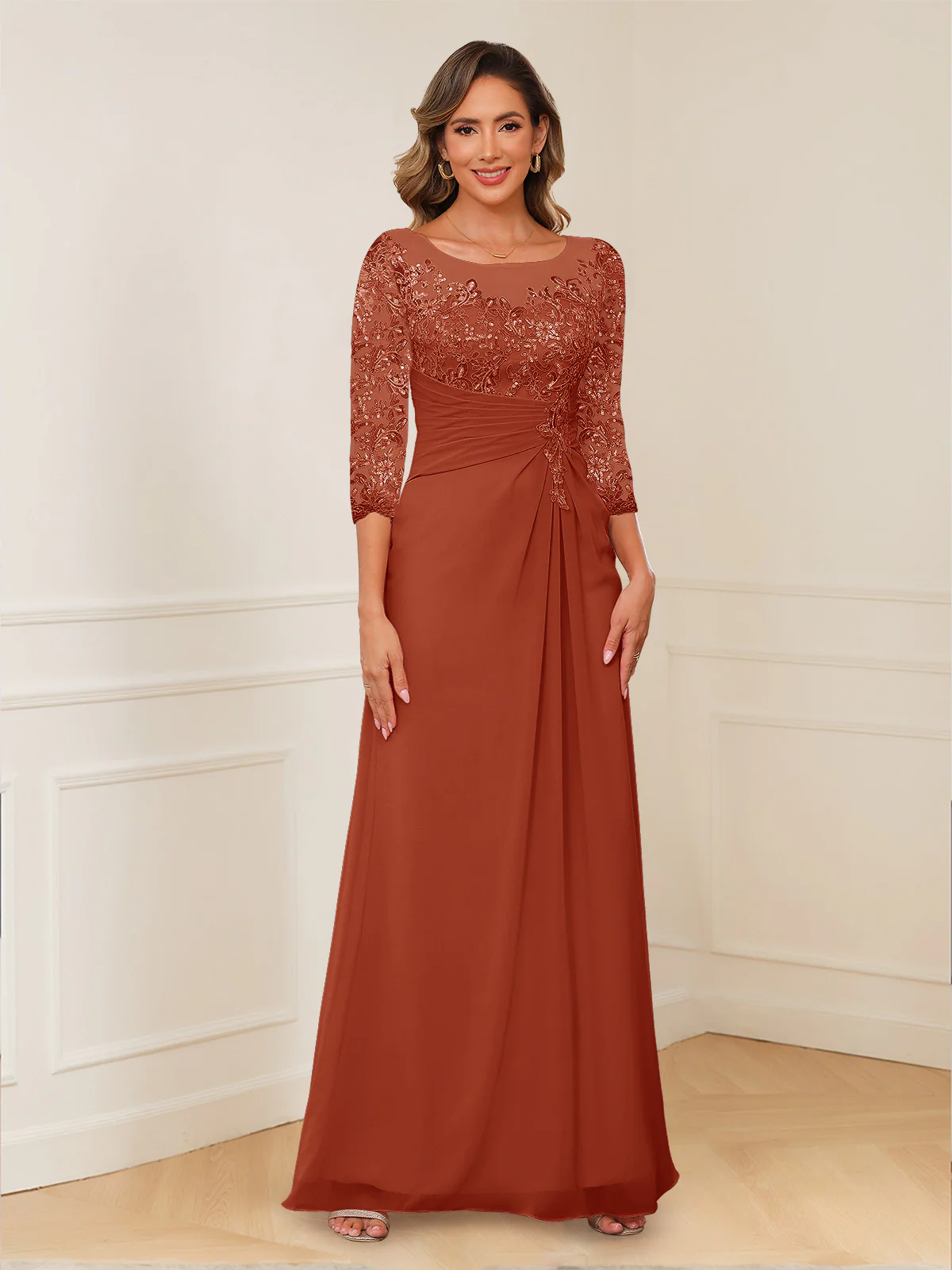 A-Line/Princess Illusion Scoop Appliques Ruched Mother of the Bride Dresses - Image 65