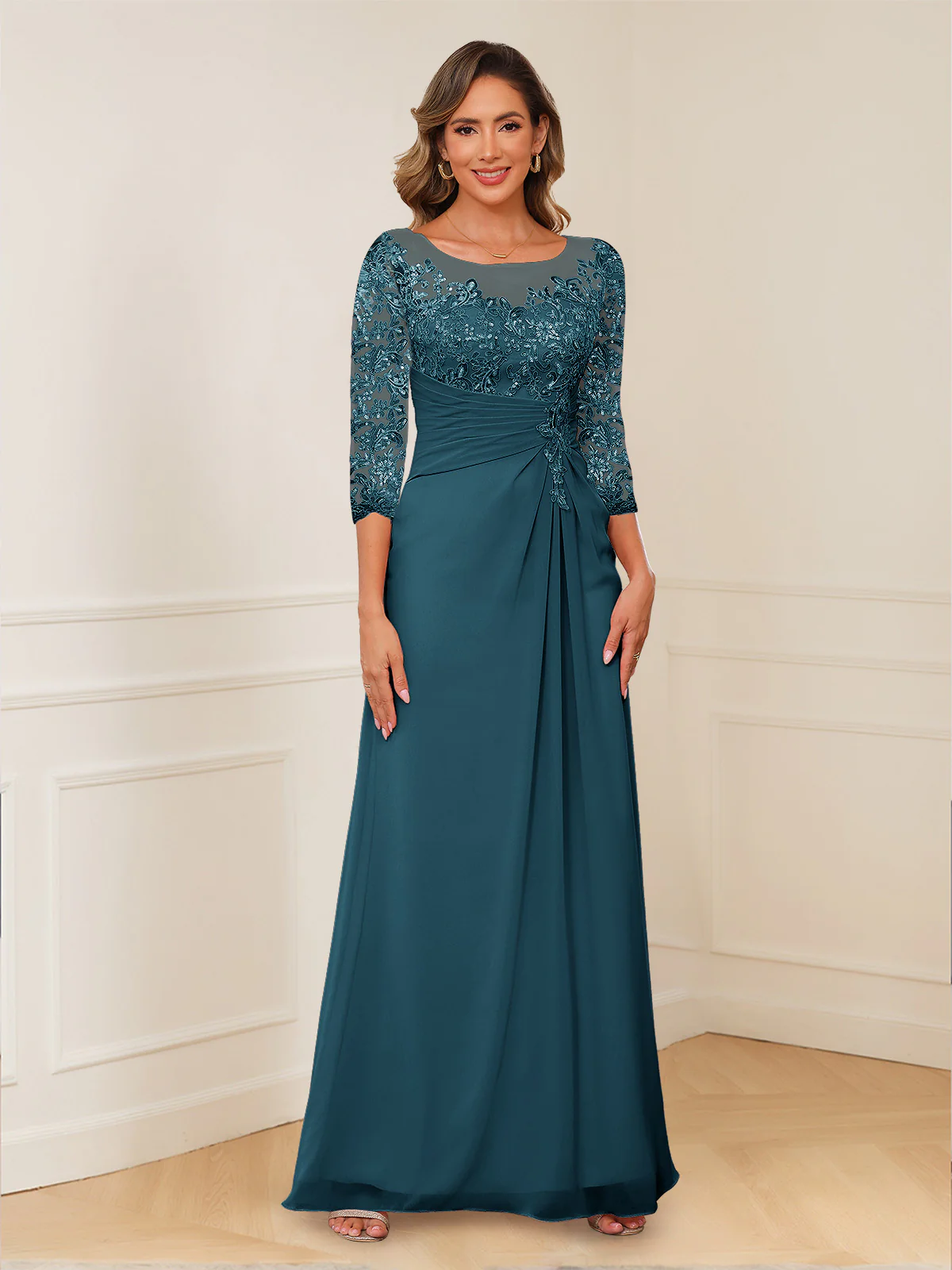 A-Line/Princess Illusion Scoop Appliques Ruched Mother of the Bride Dresses - Image 75