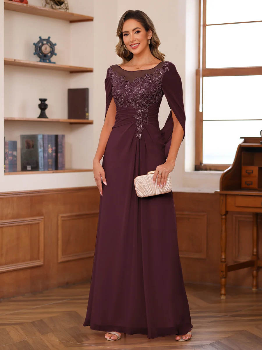 A-Line/Princess Illusion Scoop Appliques Ruched Mother of the Bride Dresses with Cape - Image 13