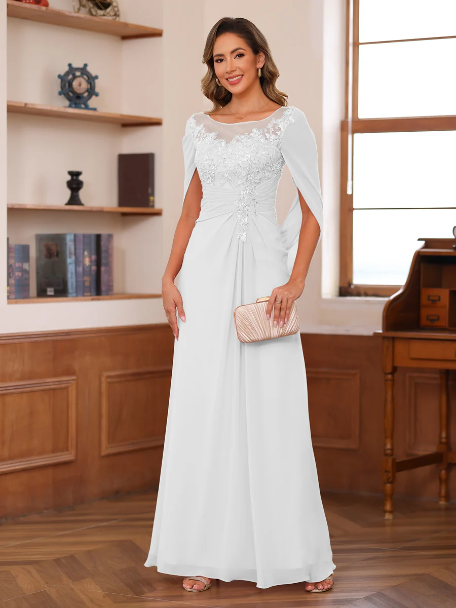 A-Line/Princess Illusion Scoop Appliques Ruched Mother of the Bride Dresses with Cape - Image 16