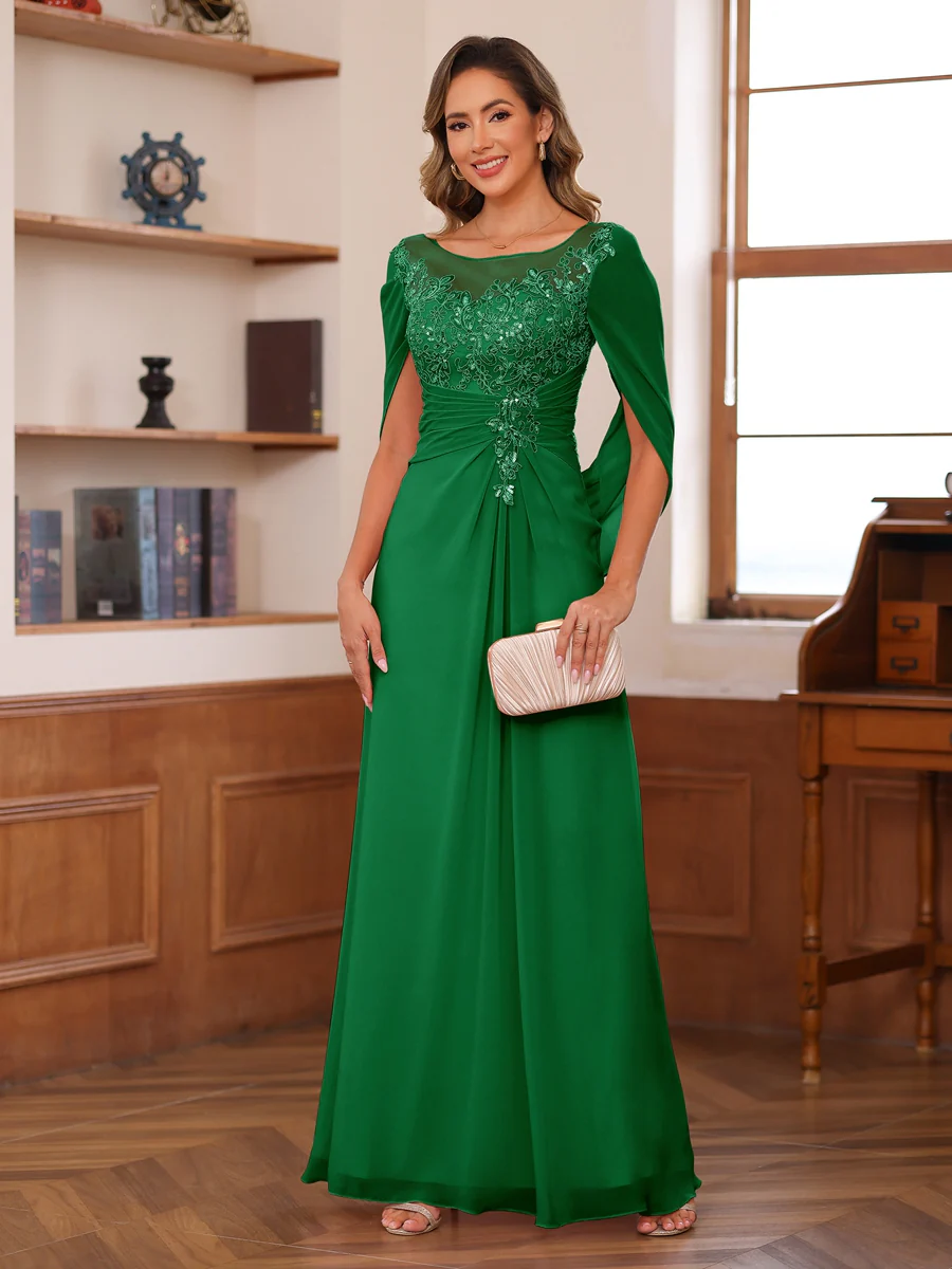 A-Line/Princess Illusion Scoop Appliques Ruched Mother of the Bride Dresses with Cape - Image 35