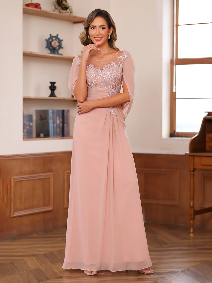A-Line/Princess Illusion Scoop Appliques Ruched Mother of the Bride Dresses with Cape - Image 4