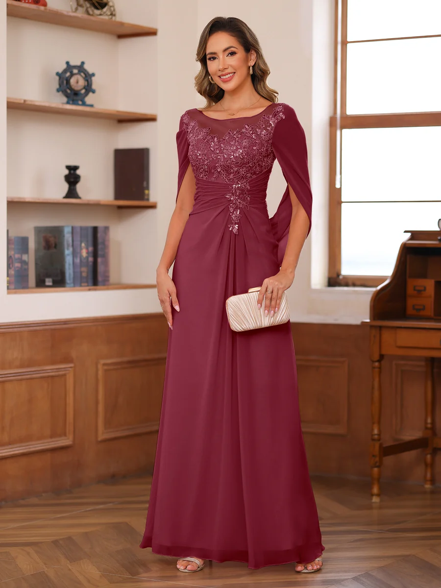 A-Line/Princess Illusion Scoop Appliques Ruched Mother of the Bride Dresses with Cape - Image 40
