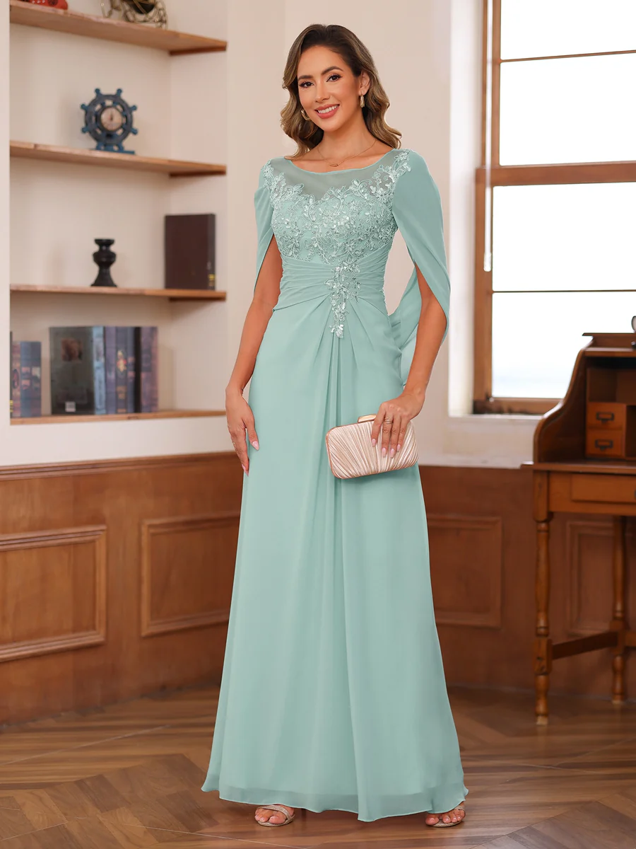 A-Line/Princess Illusion Scoop Appliques Ruched Mother of the Bride Dresses with Cape - Image 47