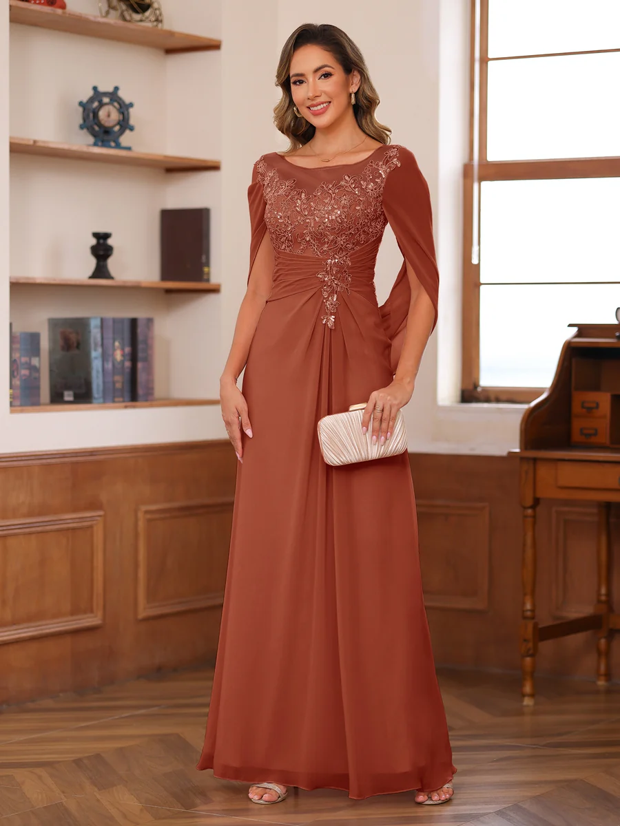 A-Line/Princess Illusion Scoop Appliques Ruched Mother of the Bride Dresses with Cape - Image 63