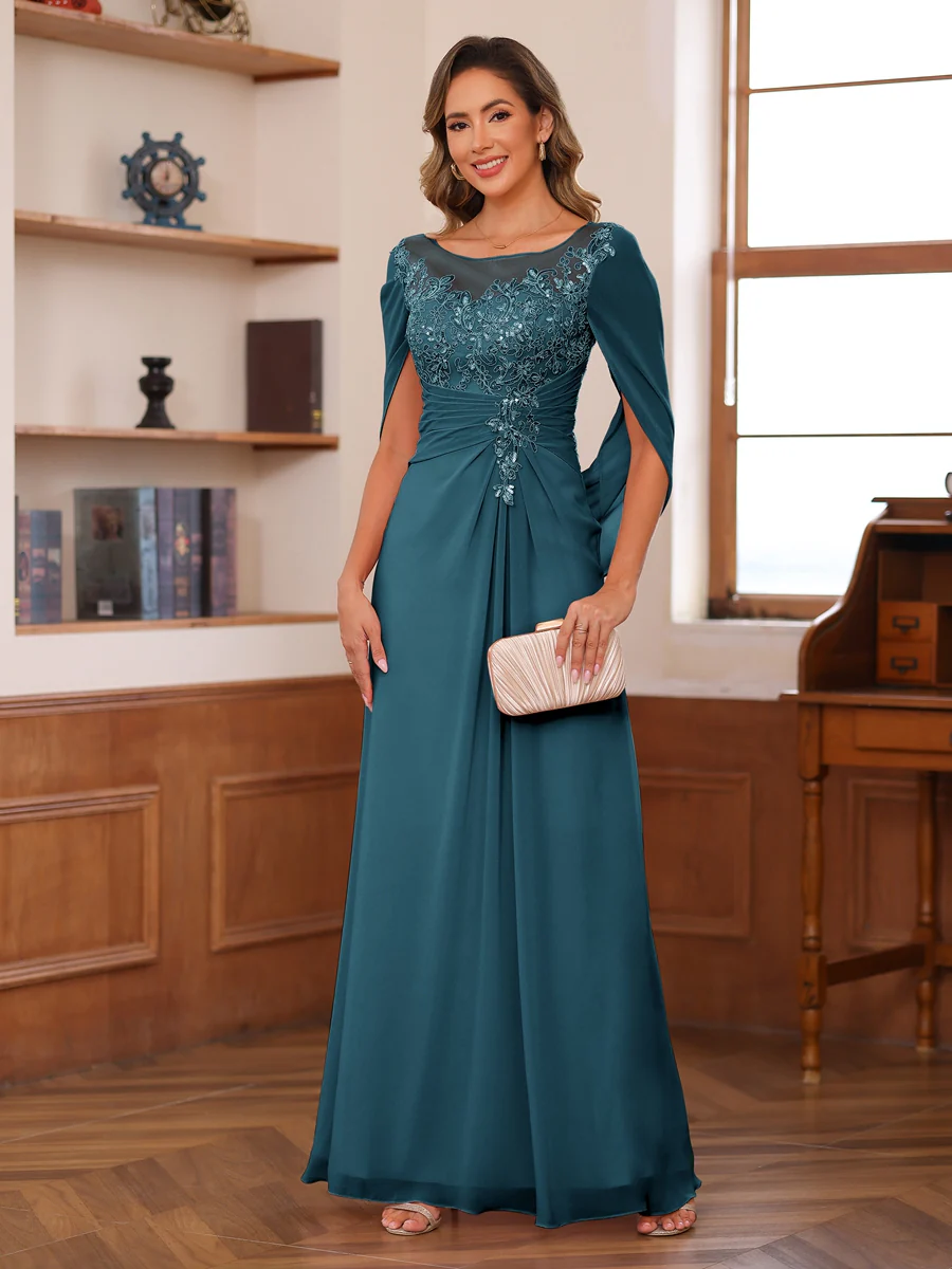 A-Line/Princess Illusion Scoop Appliques Ruched Mother of the Bride Dresses with Cape - Image 72