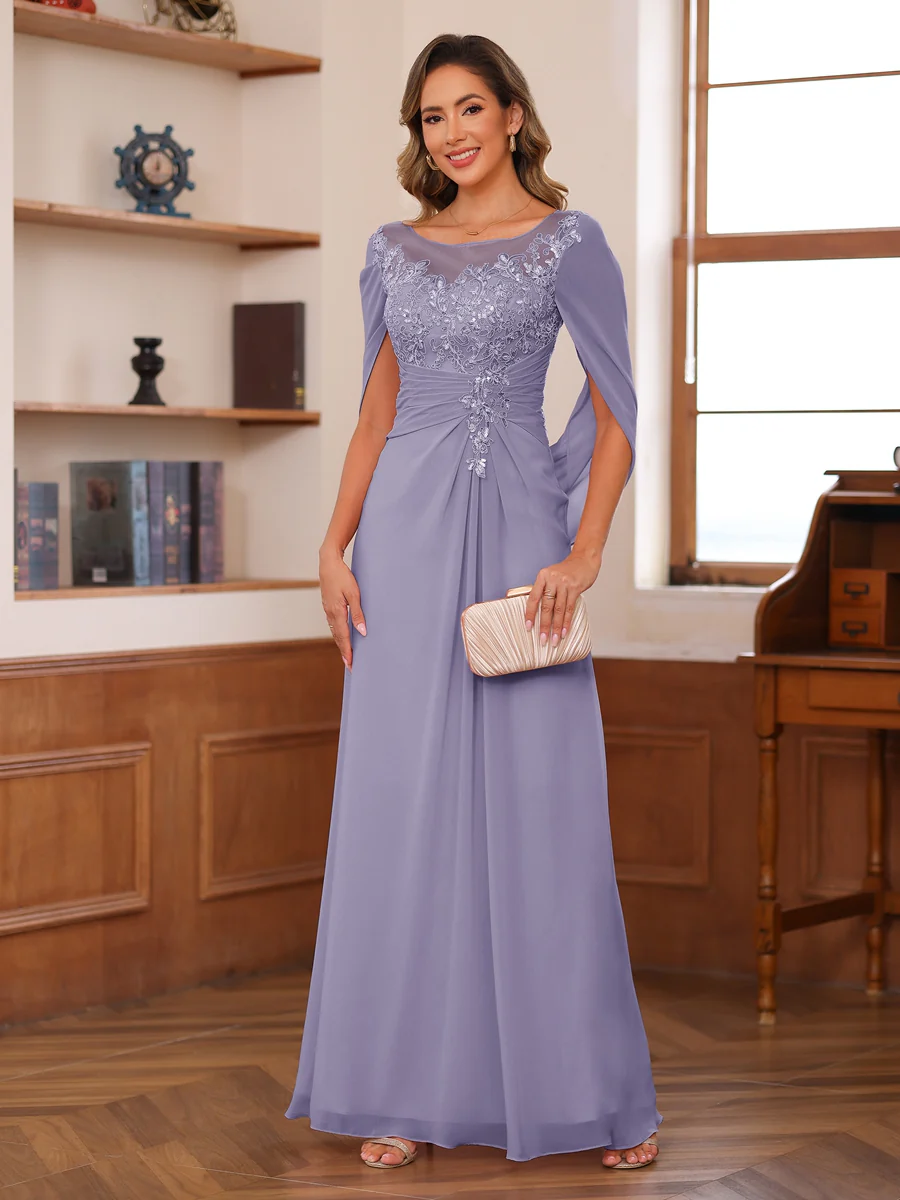 A-Line/Princess Illusion Scoop Appliques Ruched Mother of the Bride Dresses with Cape - Image 76