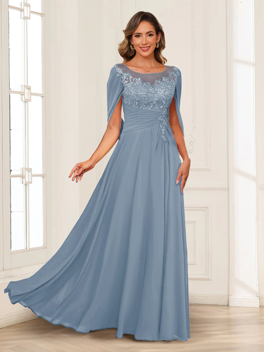 A-Line/Princess Illusion Scoop Appliques Ruched Mother of the Bride Dresses with Cape - Image 14