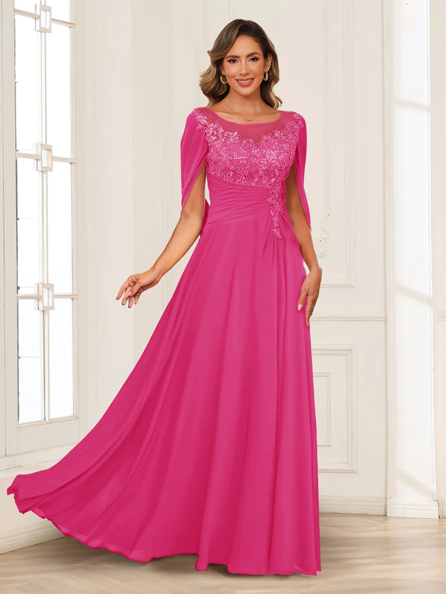 A-Line/Princess Illusion Scoop Appliques Ruched Mother of the Bride Dresses with Cape - Image 27