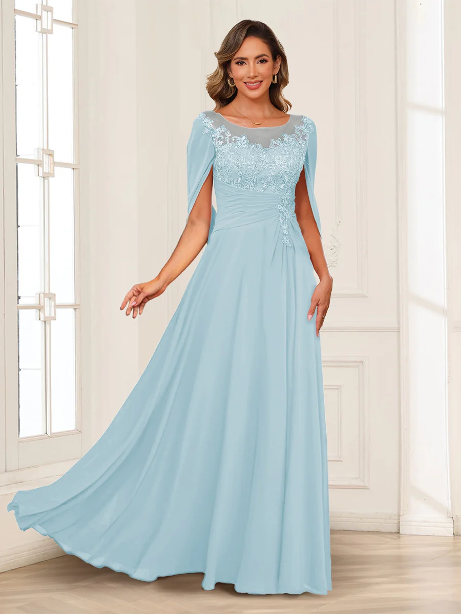 A-Line/Princess Illusion Scoop Appliques Ruched Mother of the Bride Dresses with Cape - Image 30