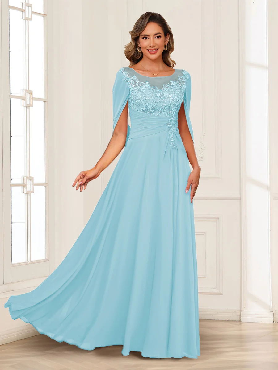 A-Line/Princess Illusion Scoop Appliques Ruched Mother of the Bride Dresses with Cape - Image 36