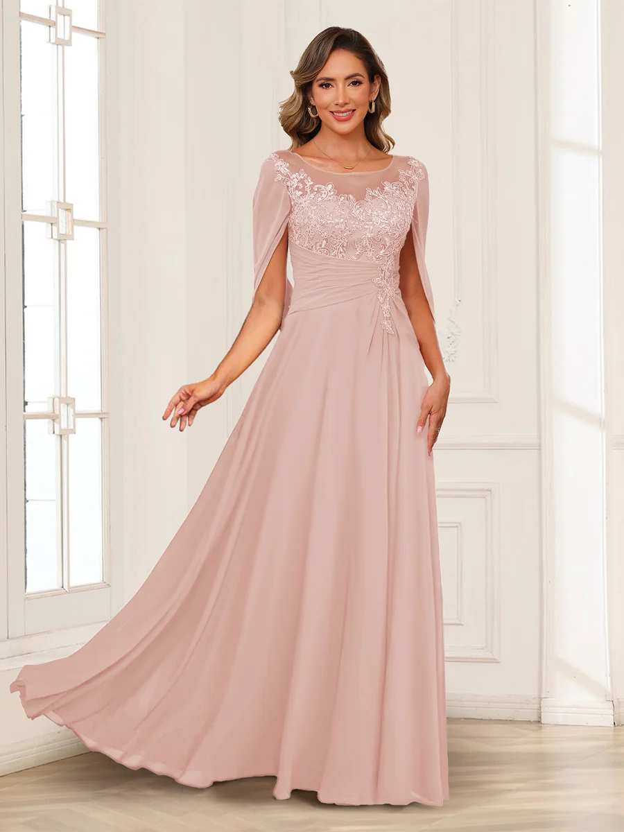 A-Line/Princess Illusion Scoop Appliques Ruched Mother of the Bride Dresses with Cape - Image 5